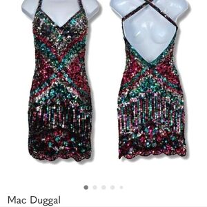 Mac Duggal Sequin V-Neck Mini Dress Open Back Bodycon Colorful Size 2